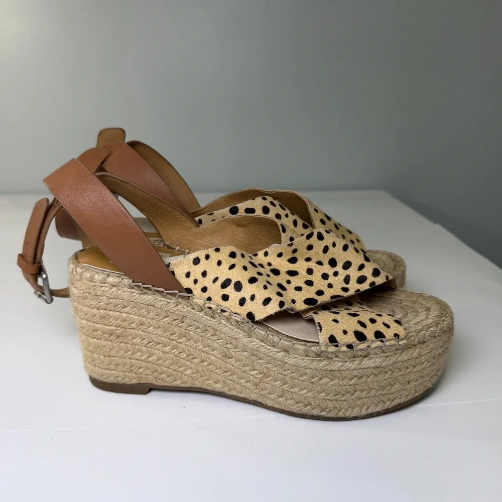 Dolce Vita Animal Print Calf Hair‎ Espadrille Wedge Sandals Tan Brown Size 7